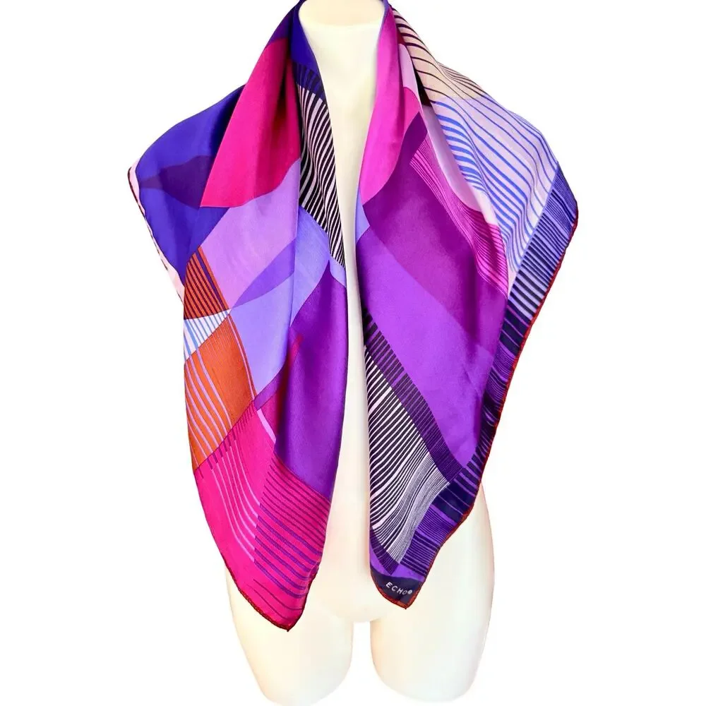 Vintage Echo 1980s Silk Geometric Color Block Abstract Scarf Purple Pink 35 x 35